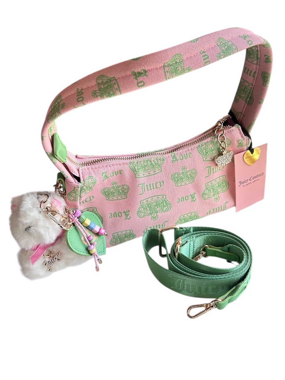 Juicy Couture Pink & Green Shoulder Bag with Plush Charm.